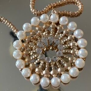 Gold Pearl Rhinestone Long Chain Pendant
